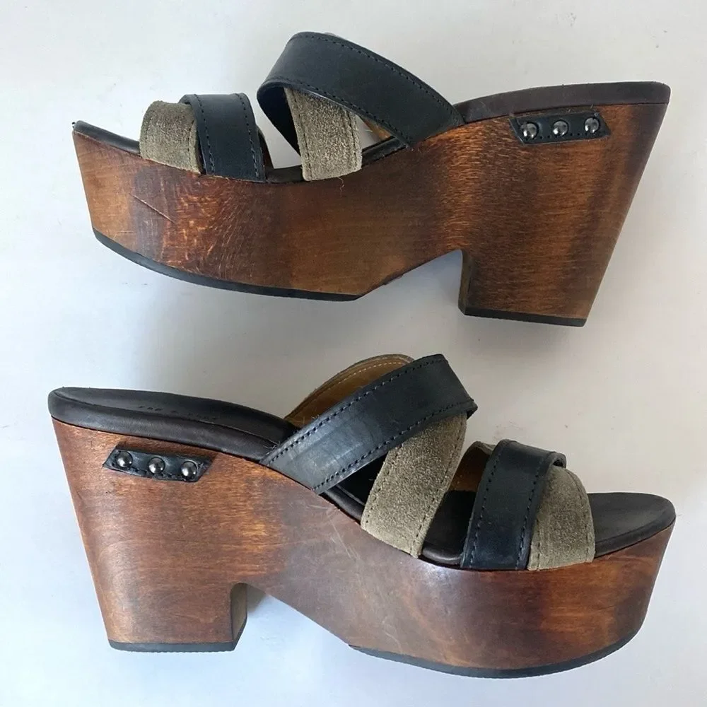 Rag & Bone Black & Tope Leather Platform 4” Wood Heels sz 6 Urban Edge Model